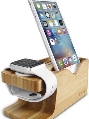 Spigen Bamboo Charging Dock Stand for  Apple Phone & Watch - Natural Wood
